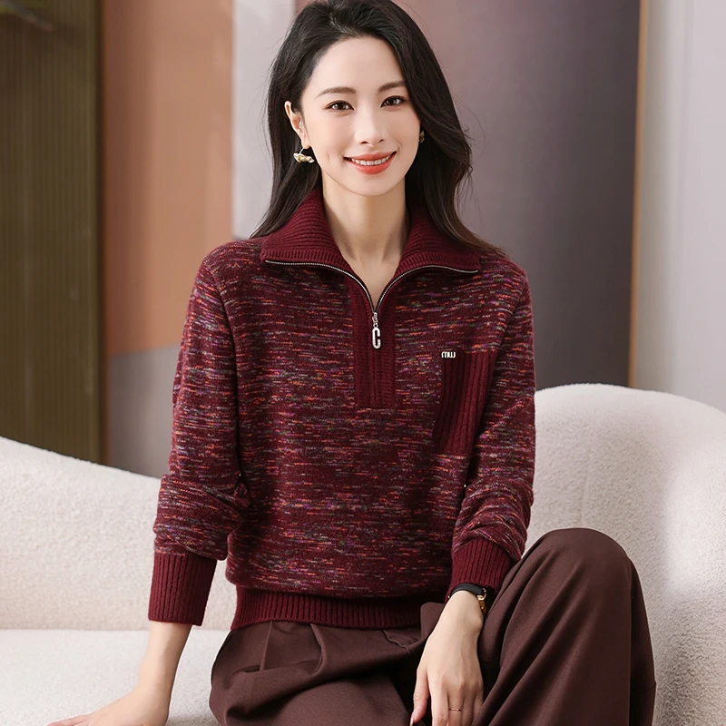 半拉链羊毛衫女秋冬季针织打底衫时尚洋气翻领宽松常规款毛衣