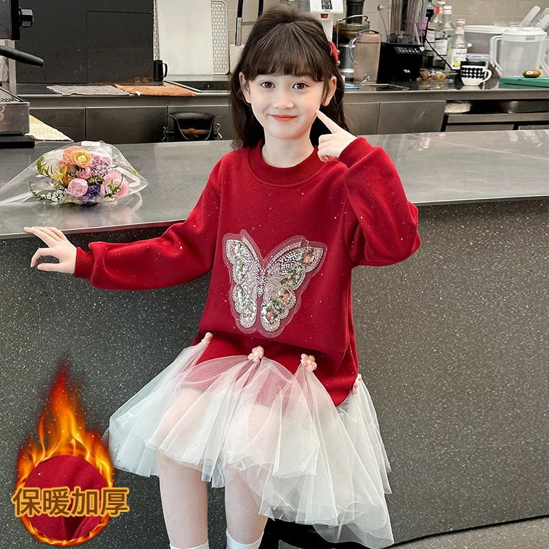 女童红色连衣裙女童秋冬2025新款儿童卫衣裙女孩年服鱼尾卫衣裙子