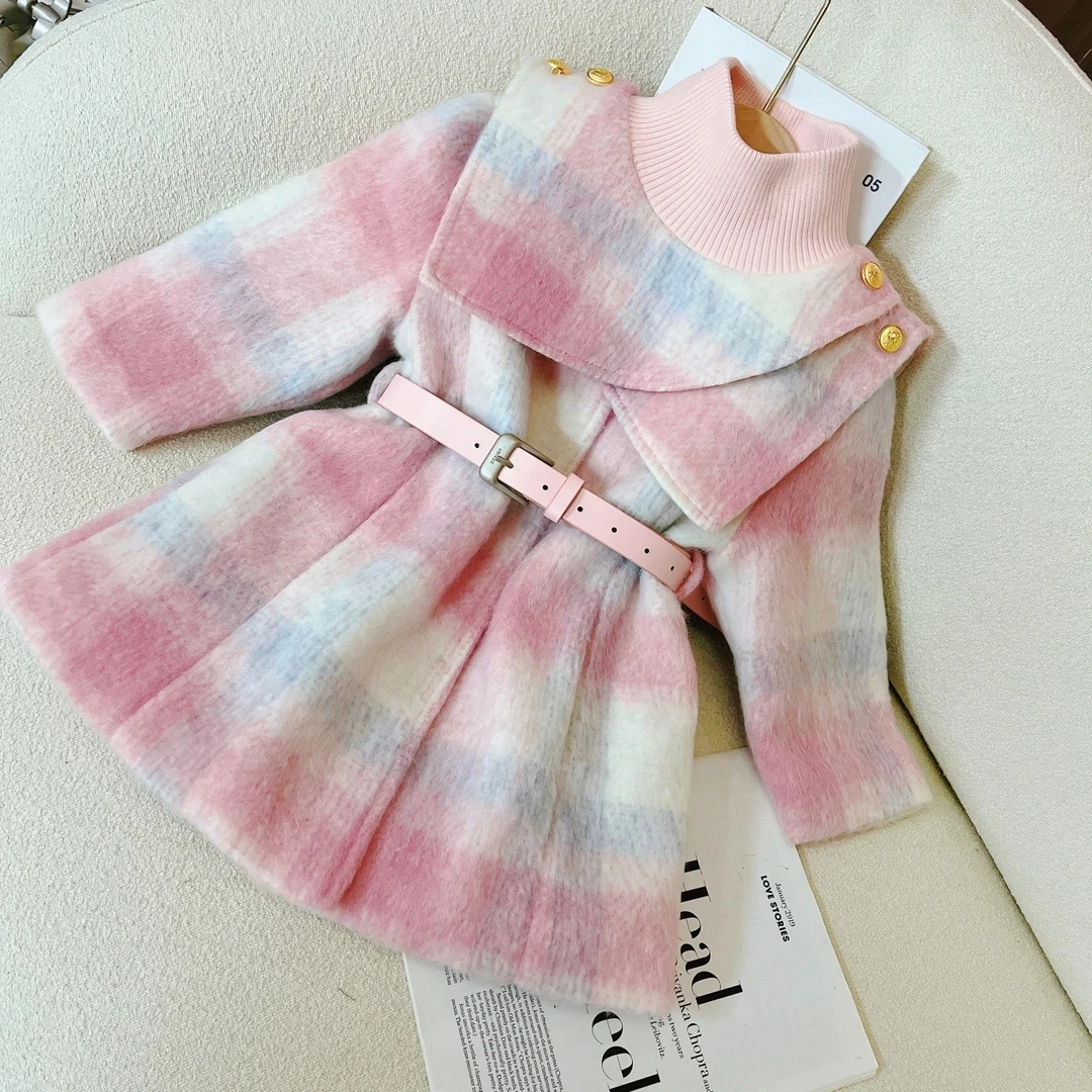 女童加绒格子毛呢外套秋冬2024新款半高领收腰大衣小香风中长款潮