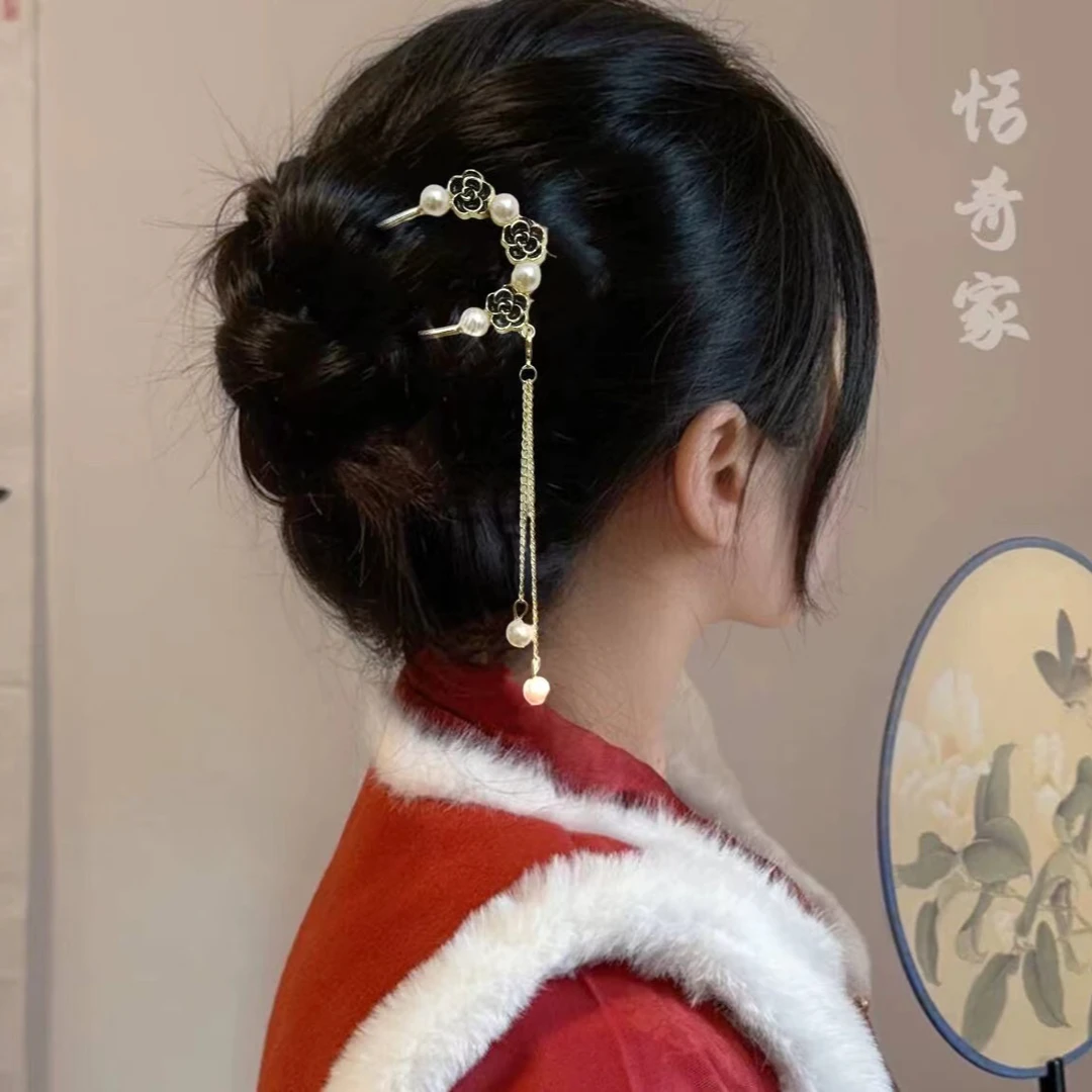 恬奇家a722“山茶花发钗”盘发神器u型发簪新中式头饰古风现代复古