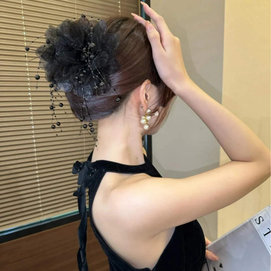 恬奇家0279“牡丹花羽毛夹”新款高颜值后脑勺显发量驼鸟毛抓夹大号