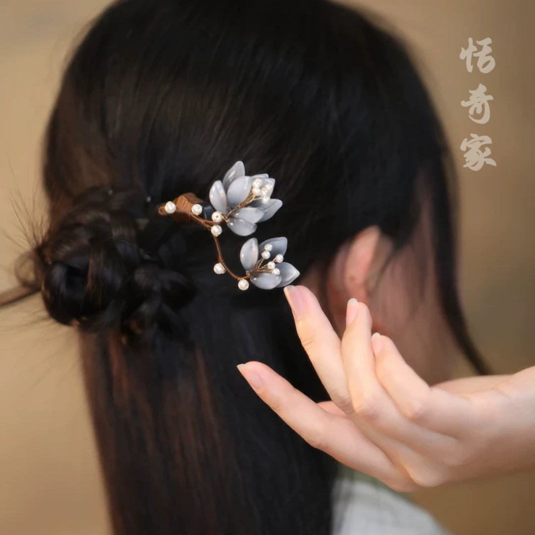 恬奇家a739“夜静幽香”高定琉璃流苏木质花朵发簪新中式步摇发簪