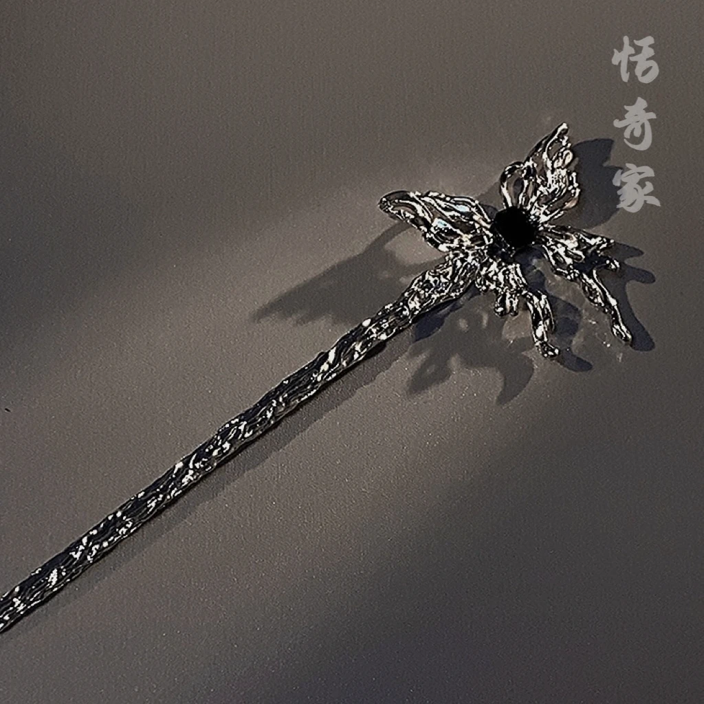 恬奇家“暗黑蝴蝶”新中式发簪小众简约个性银色素款簪发百搭高定