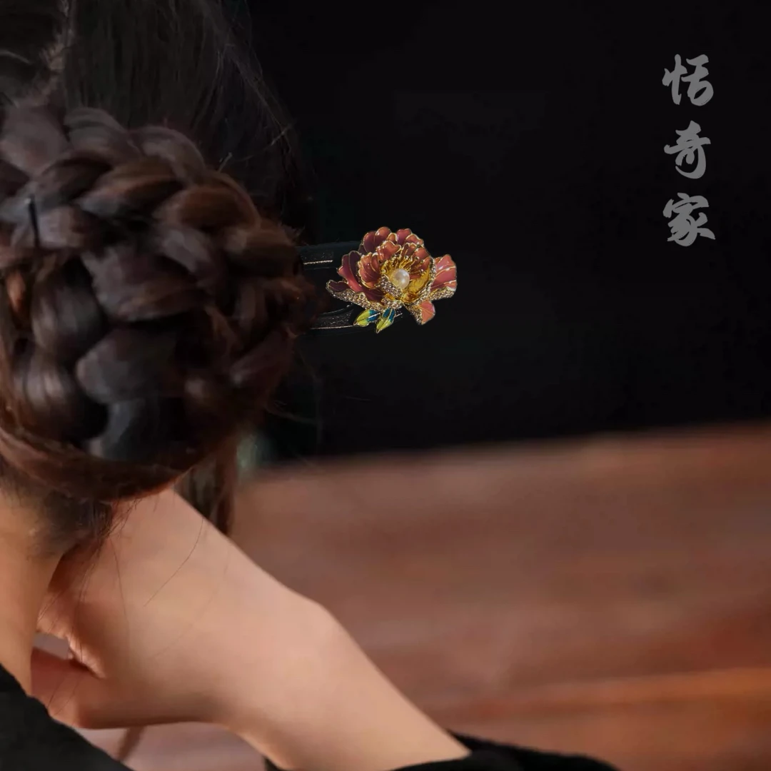恬奇家a710“牡丹双钗”2.0木质u型发簪发钗双簪高定国风步摇发簪