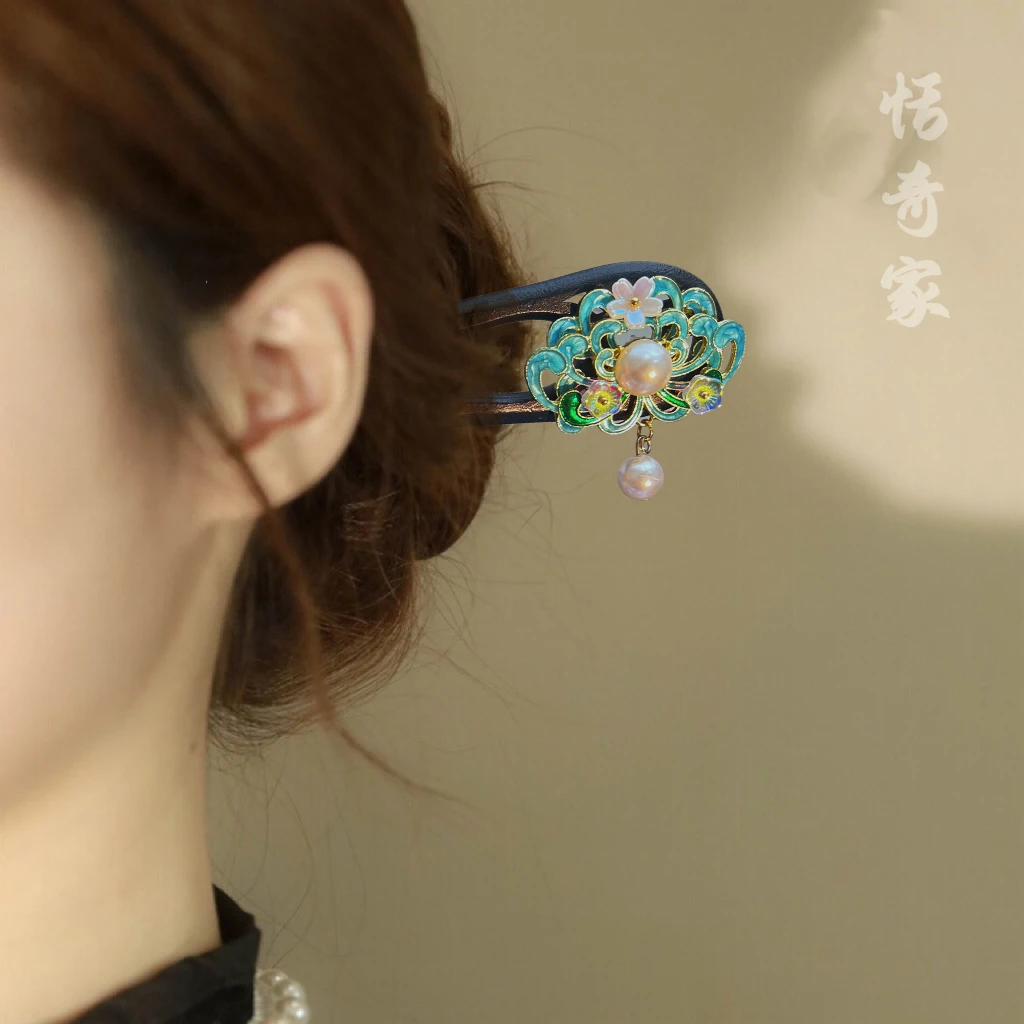 恬奇家a737“矢车菊”高定u型双钗发簪盘发新中式日常古风步摇发簪