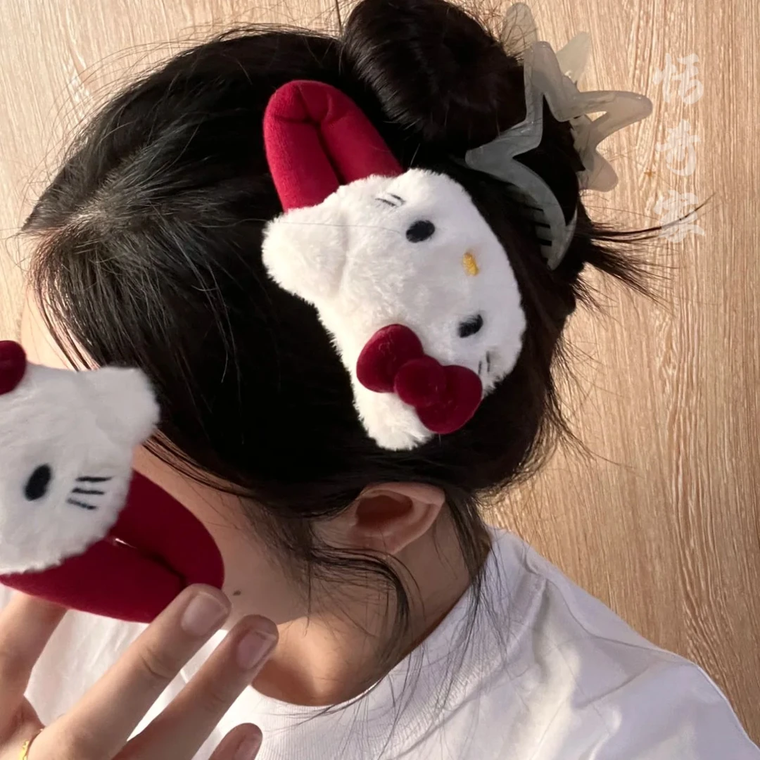 恬奇家5548“kt猫掰夹”可爱毛绒hellokitty猫发圈秋冬新款卡通边夹