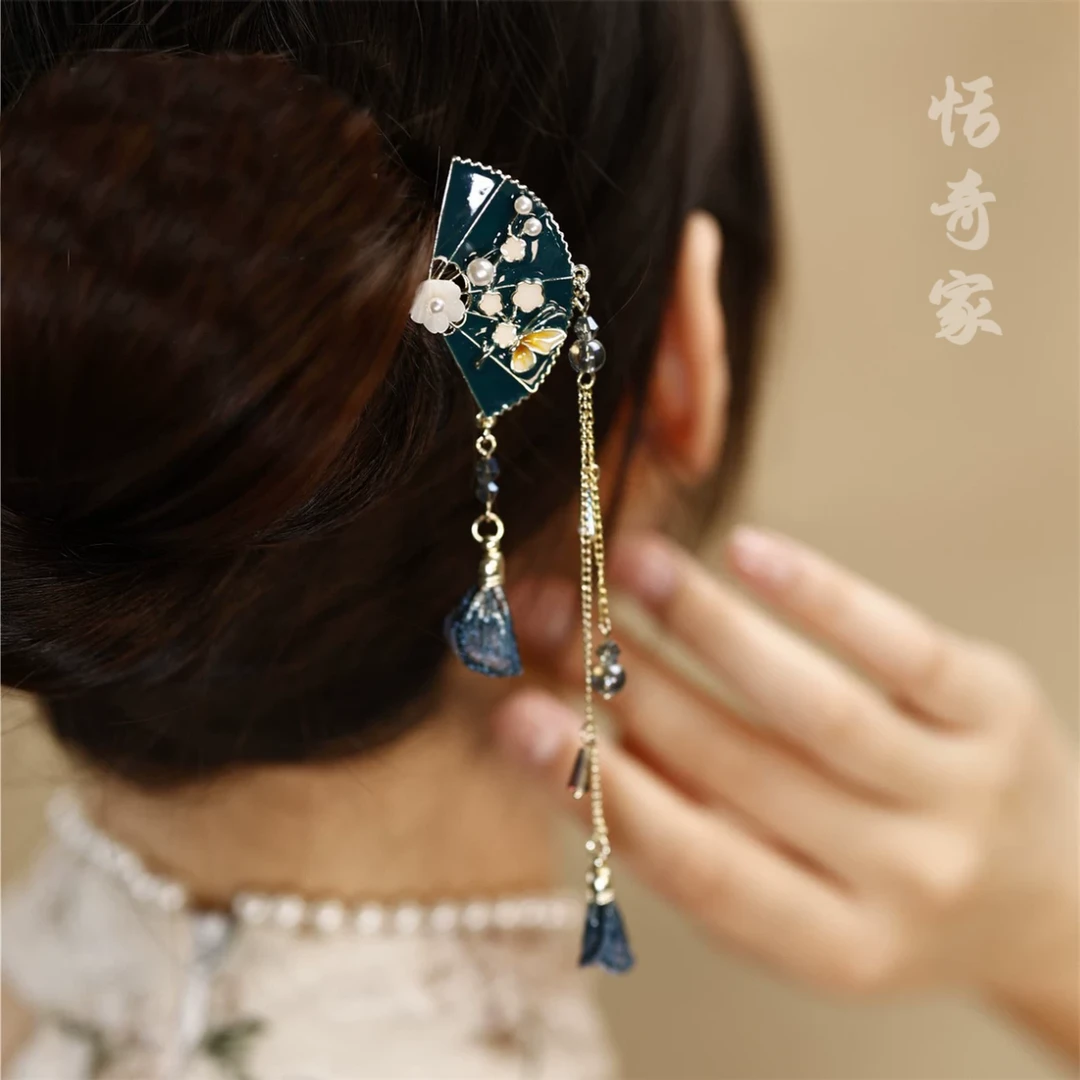 恬奇家9338“藏青枝扇”气质蓝色合金发簪烧蓝古典日常简约原创设计