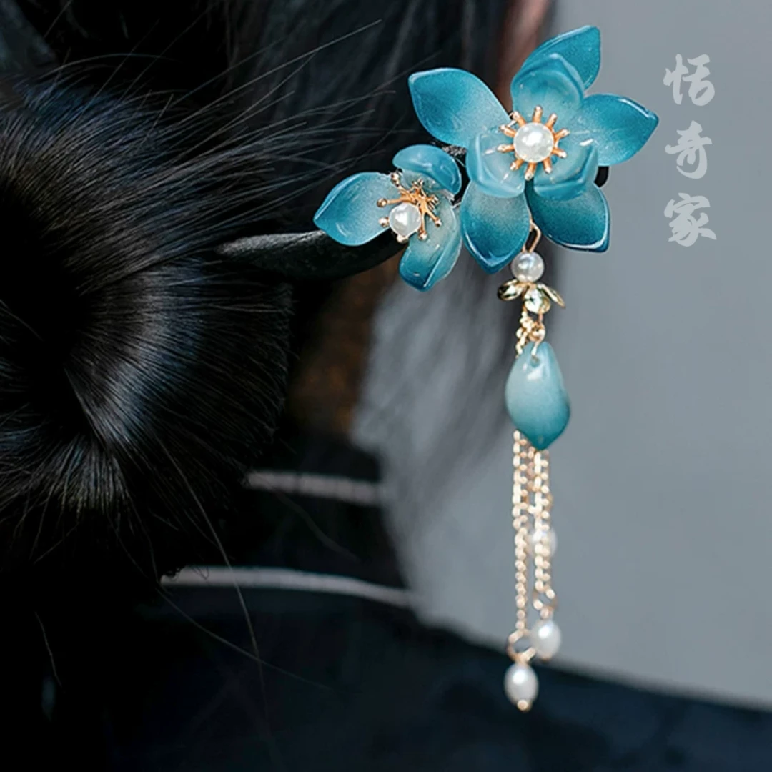 恬奇家a704“岫玉兰花”手工蓝色复古发簪超仙简约旗袍流苏高级感