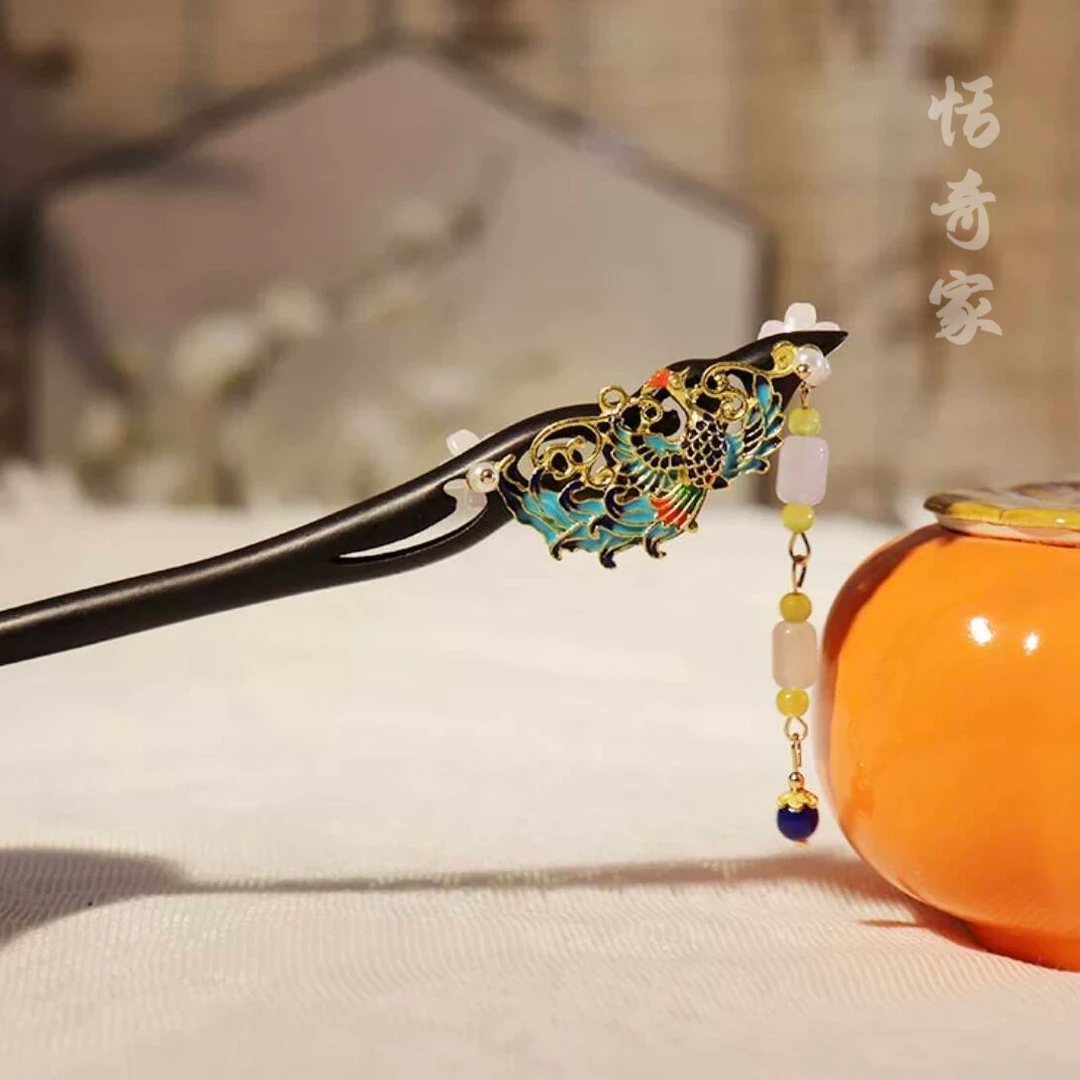 恬奇家1784“凤凰来仪”高定烧蓝凤凰木质流苏发簪原创设计重工款