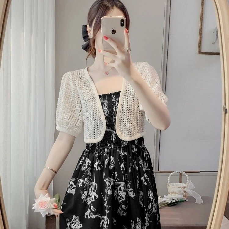 薄款短袖网纱开衫女披肩配吊带裙外搭短款夏季防晒百搭小坎肩罩衫