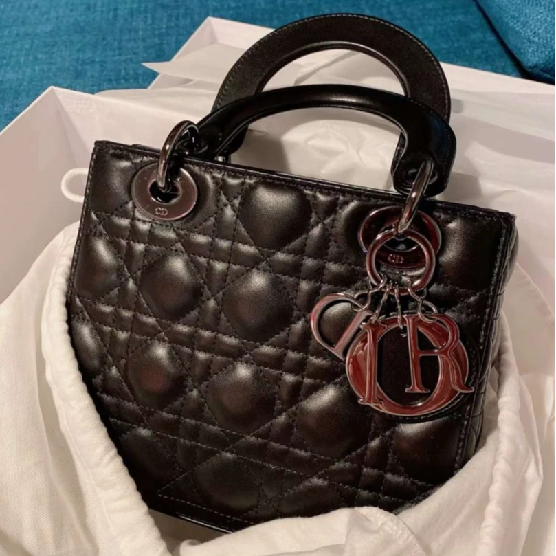 99新 DIOR/迪奥 -290小花6枫 戴妃包 四格 黑色 皮革S 包