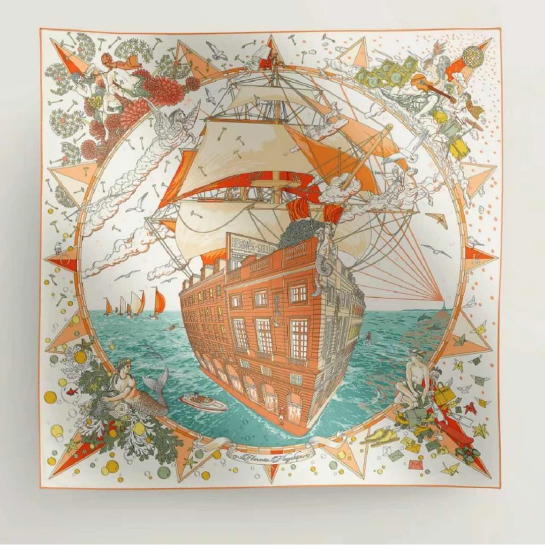 全新未使用 Hermes/爱马仕 小花6枫“爱马仕旗舰”90丝巾 橙色