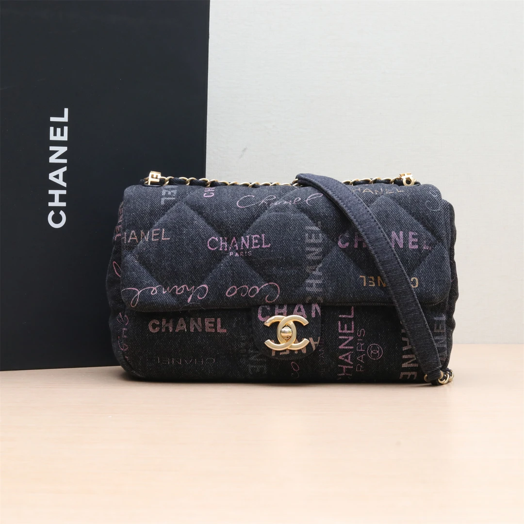 95新 Chanel/香奈儿 【小花念念】CF 口盖包 黑色 牛仔 芯片开