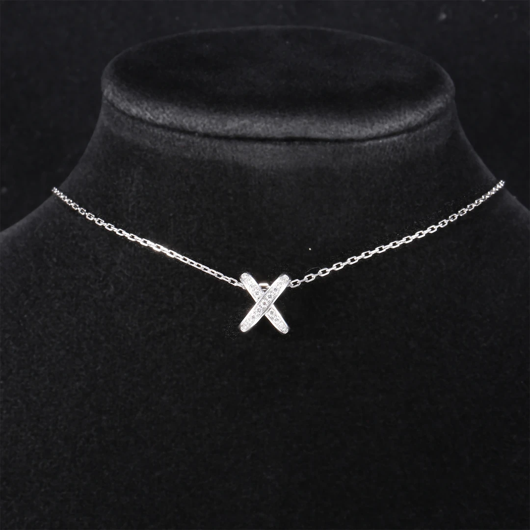 95新 Chaumet/尚美 小花6枫欢缘 竖版大叉项链 满钻 18k白金