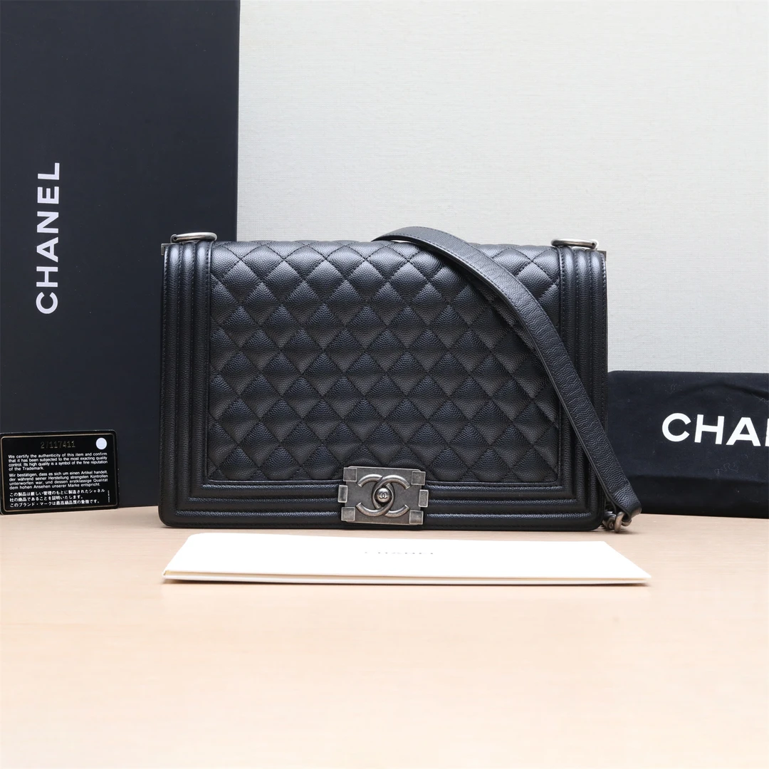 99新 Chanel/香奈儿 小花6枫Leboy 中大号 28cm 黑色27开 菱格纹