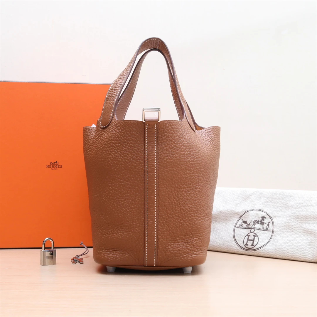 99新 Hermes/爱马仕 【小花Han】 18 菜篮子 金棕色 TC皮 U刻 包