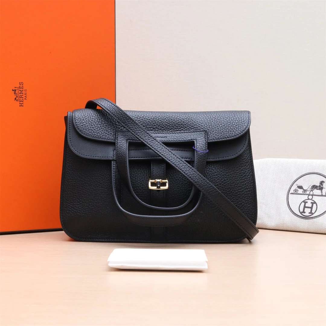 99新 Hermes/爱马仕 小花6枫Halzan 25 包 89黑色 TC皮 Z刻 金扣