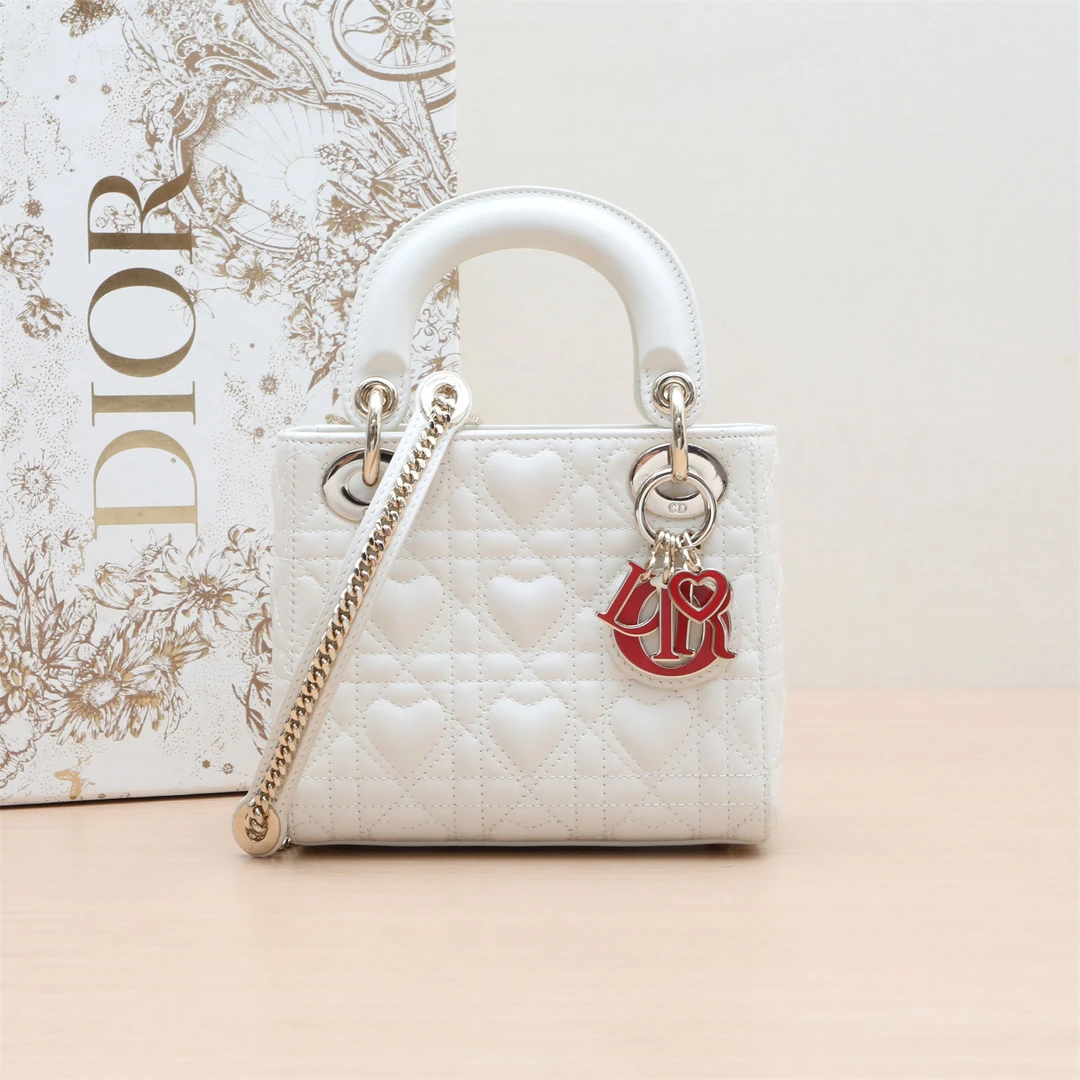 99新 DIOR/迪奥 小花6欢 Lady Dior 戴妃包 三格 白色 珐琅扣
