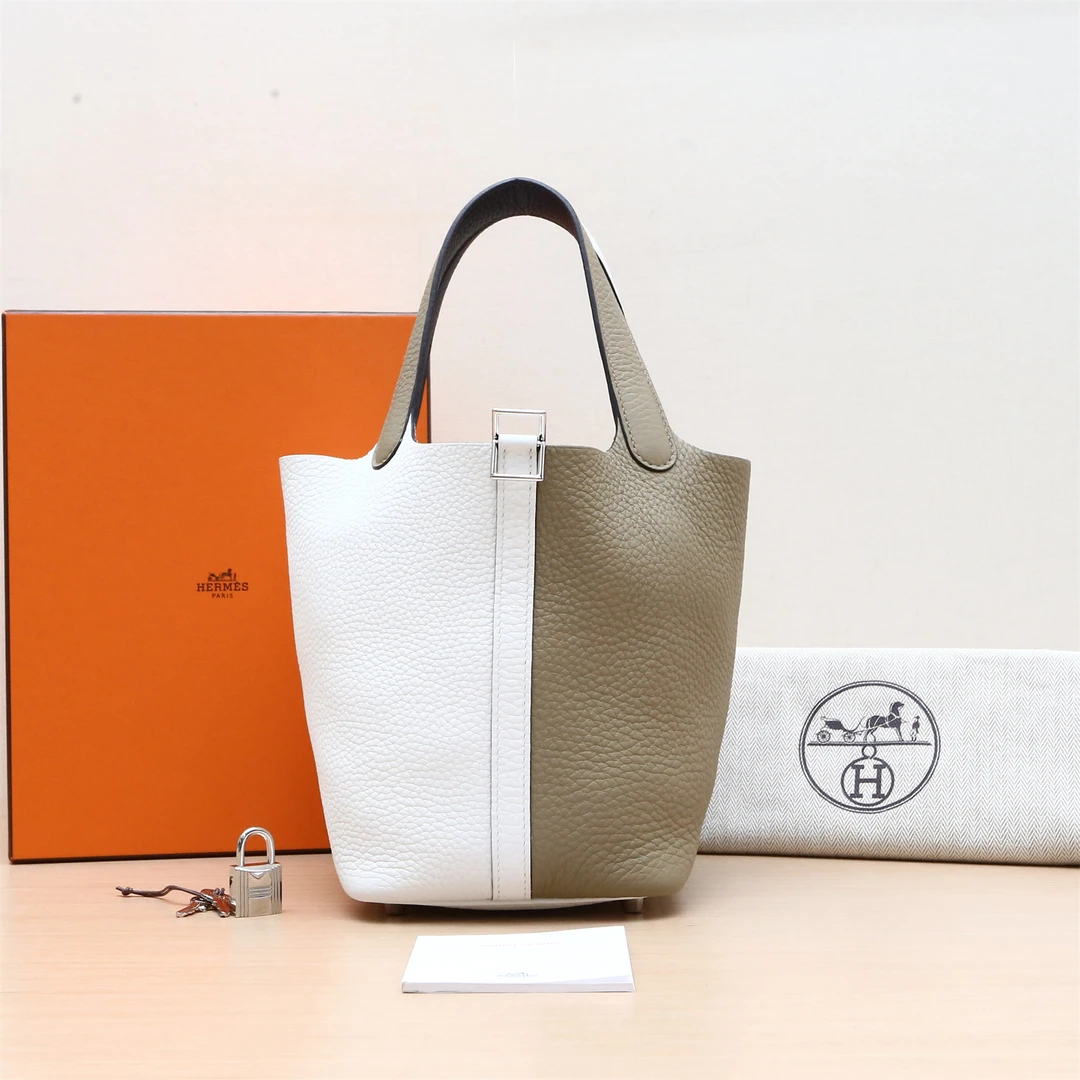 99新 Hermes/爱马仕 小花6枫18菜篮子新白色拼马尔法米色W刻银扣