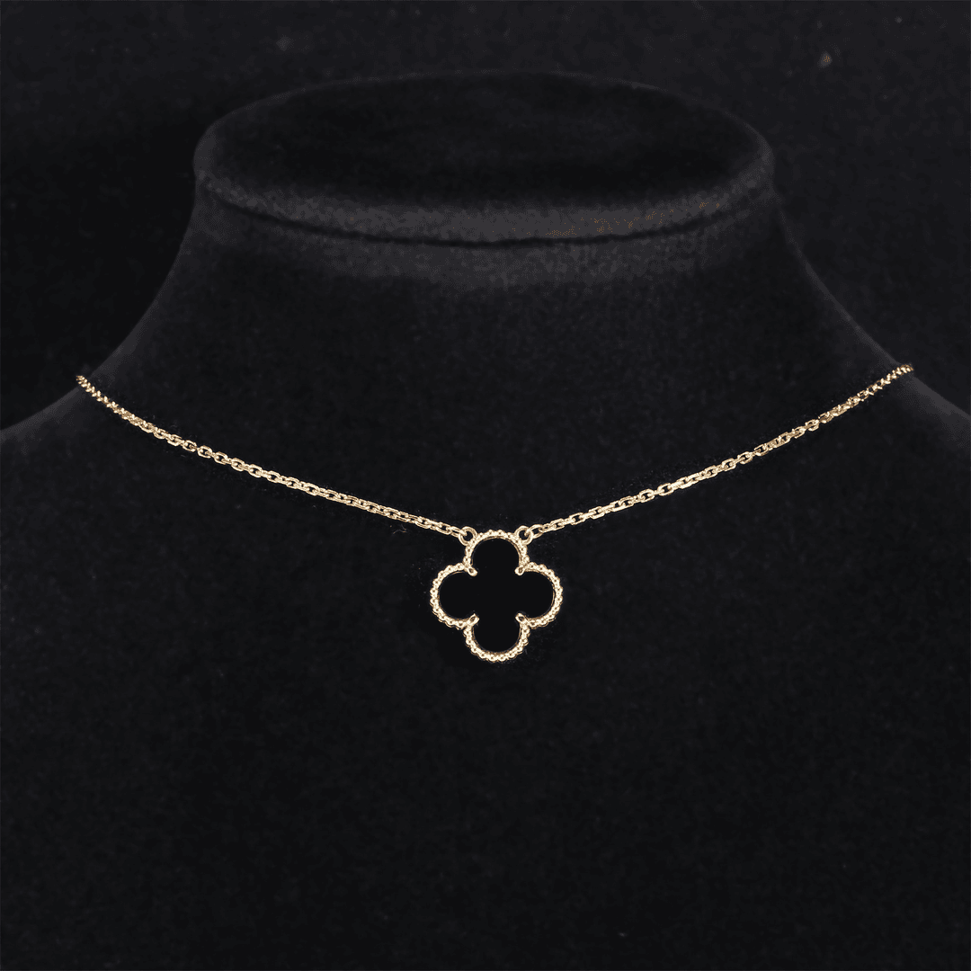 99新 梵克雅宝 小花6枫项链 单花 中号 缟玛瑙 黑花 新扣 18K黄金