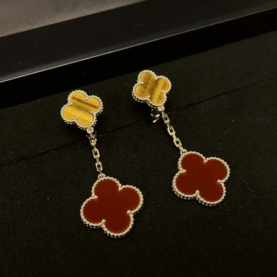 99新 梵克雅宝 小花6欢 耳环 18K黄金/红玉髓/虎眼石 黄金