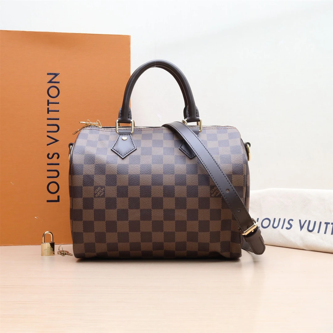99新 LouisVuitton/路易威登 【小花念念】Speedy 25 棕色棋盘格包