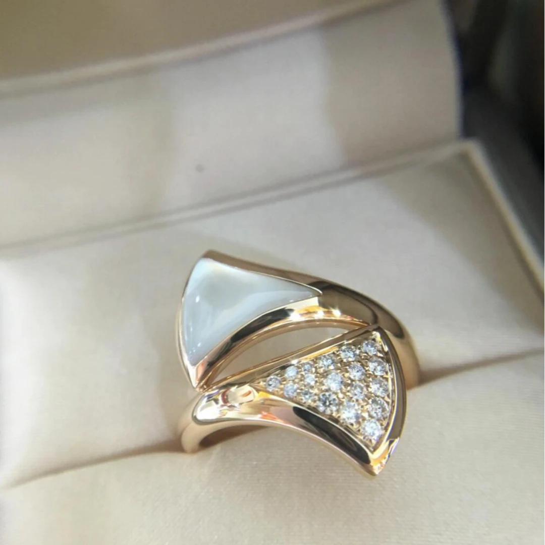 99新 BVLGARI/宝格丽 小花6欢扇子戒指白贝母拼满钻 18K玫瑰金 55