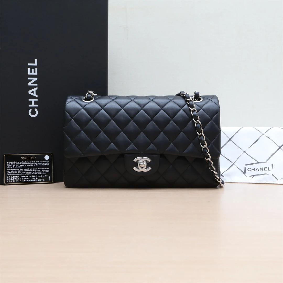 99新 Chanel/香奈儿 小花6欢 CF 口盖包 中号 25.5cm 黑色 30开