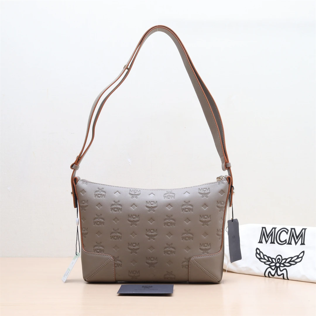 99新 MCM 【小花念念】单肩包 大象灰 皮革C 浅金扣