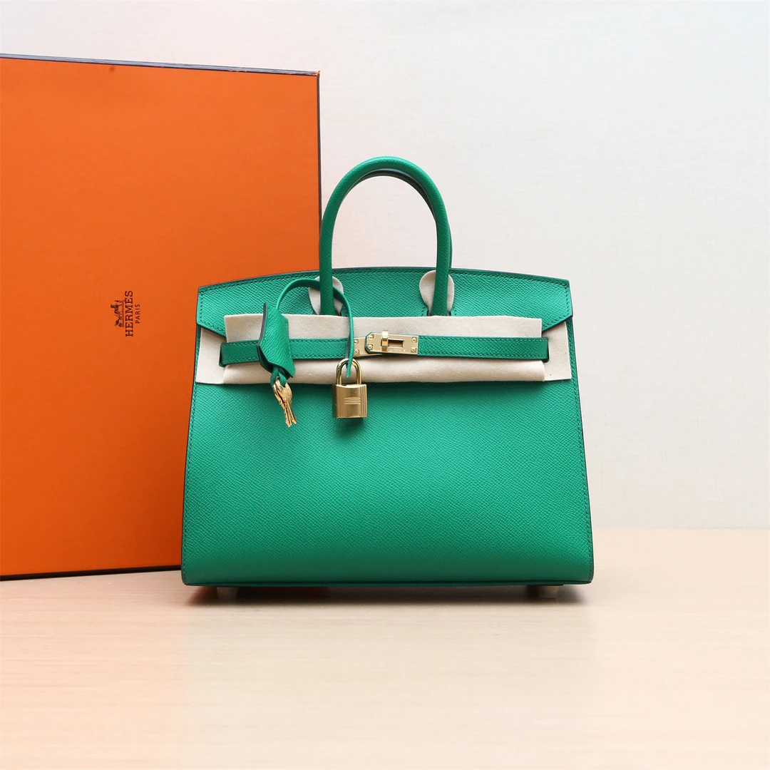 99新 Hermes/爱马仕 小花6枫Birkin 25 丝绒绿 Epsom皮 U刻金扣包