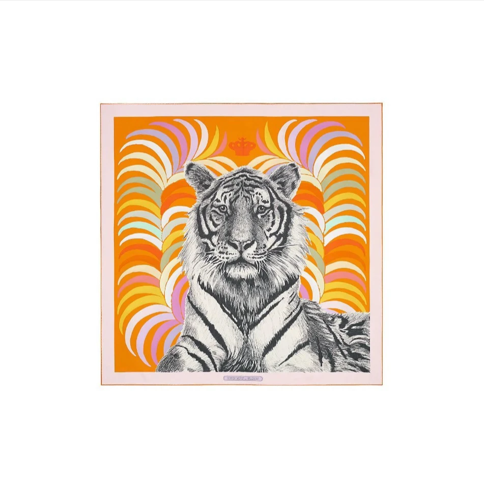 全新未使用 Hermes/爱马仕 小花6欢Tiger King 90*90双面方巾橙色