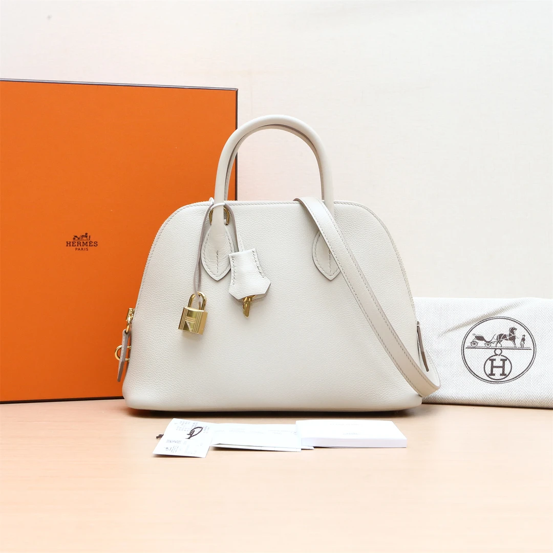 99新 Hermes/爱马仕 小花6欢 保龄球包 25 冰川白 EC皮 B刻