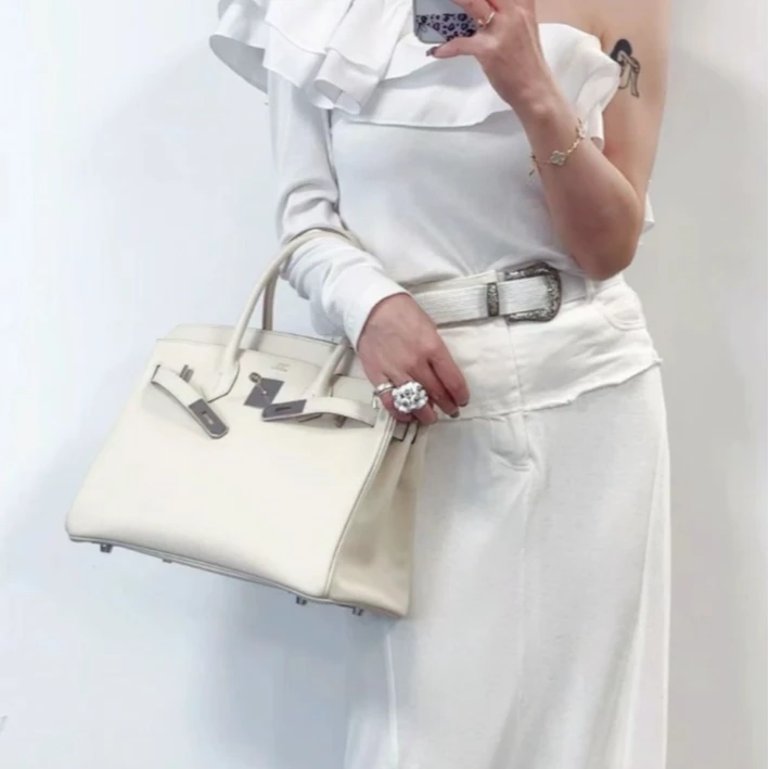 99新 Hermes/爱马仕 小花6欢 Birkin 30 奶昔白 Epsom皮A刻银扣包