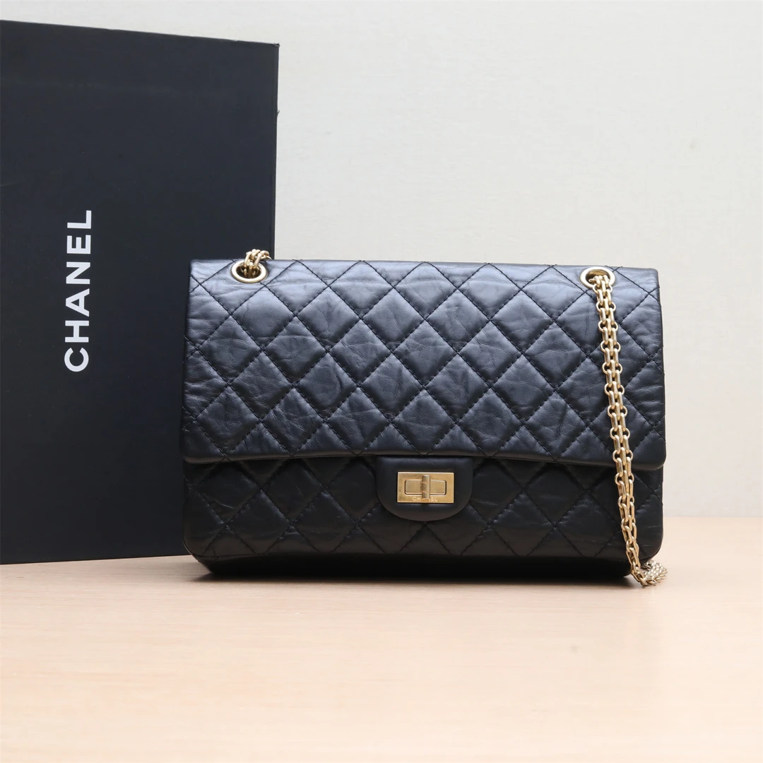 99新 Chanel/香奈儿 【小花念念】2.55 口盖包 大号黑色 27开 金扣