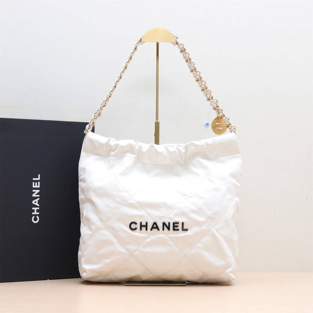 95新 Chanel/香奈儿 【小花念念】22Bag 中号 白色 芯片开 黑扣 包