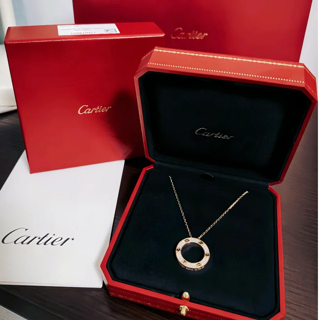 99新 Cartier/卡地亚 小花6欢 LOVE 大圆饼满钻项链 18K玫瑰金