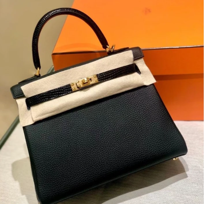 99新 Hermes/爱马仕 小花6枫Kelly25黑色Togo皮/蜥蜴皮 Z刻金扣包