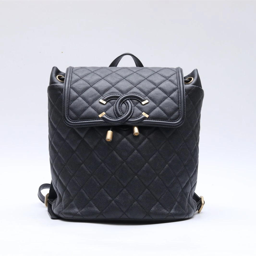 99新 Chanel/香奈儿 小花6枫Vanity Case 双肩包 黑色 25开 金扣