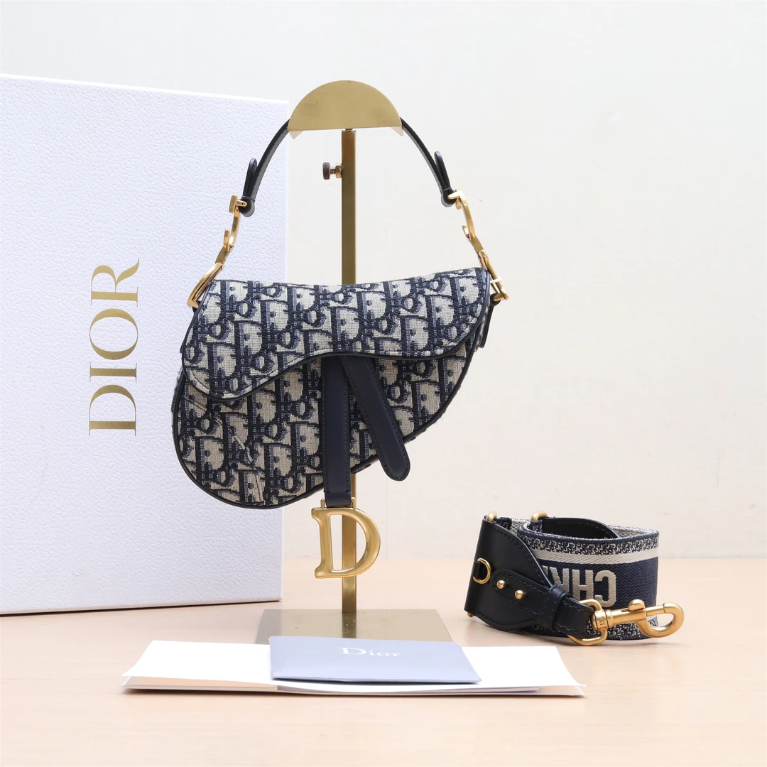 99新 DIOR/迪奥 小花6枫马鞍 小号 21 配肩带 墨蓝色 帆布 金扣