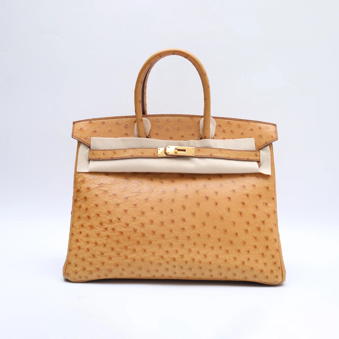 99新 Hermes/爱马仕 小花6枫Birkin 30 21沙滩金 鸵鸟皮 圈M 金扣