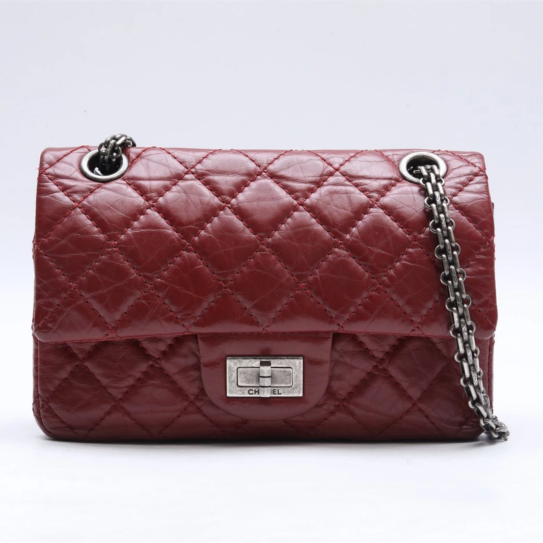 99新 Chanel/香奈儿 小花6枫2.55 口盖包 迷你 酒红色 16开 银扣