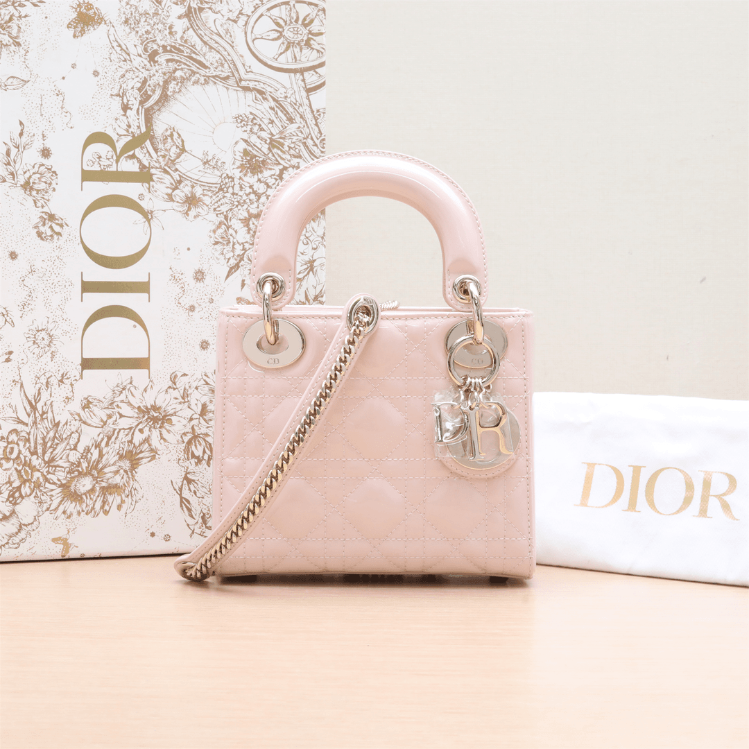 99新 DIOR/迪奥 小花6枫 三格戴妃包 金扣 粉色 漆皮 樱花粉