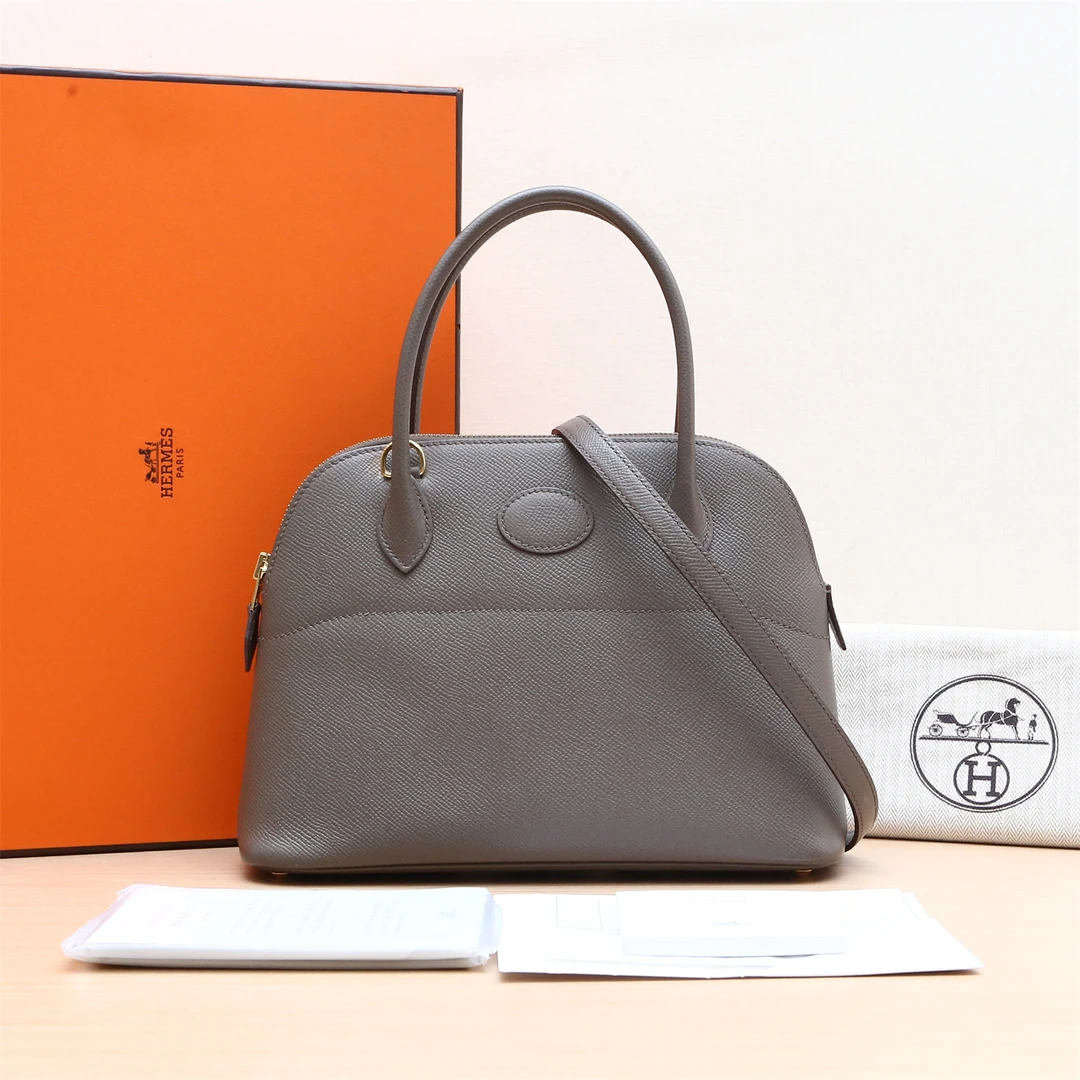 99新 Hermes/爱马仕 小花6枫保龄球包 27 锡器灰 Ep皮 Y刻 金扣