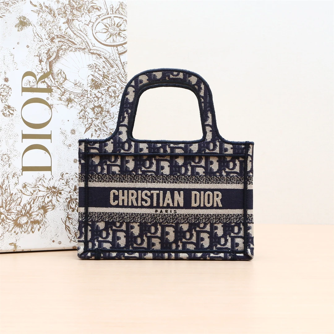 99新 DIOR/迪奥 【小花念念】Book Tote 迷你 21.5 墨蓝色 帆布