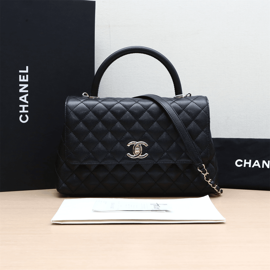 99新 Chanel/香奈儿 小花6枫Handle 中号 黑色 芯片开 金扣