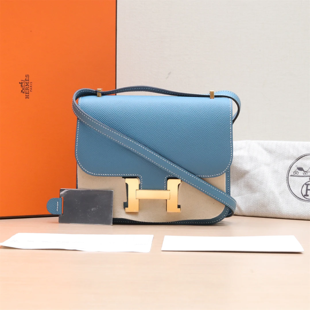 99新 Hermes/爱马仕 小花6枫 康康 19 新牛仔蓝 Ep皮 B刻 金扣包