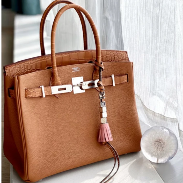 99新 Hermes/爱马仕 小花6枫Birkin30金棕色Togo皮/鳄鱼Y刻银扣