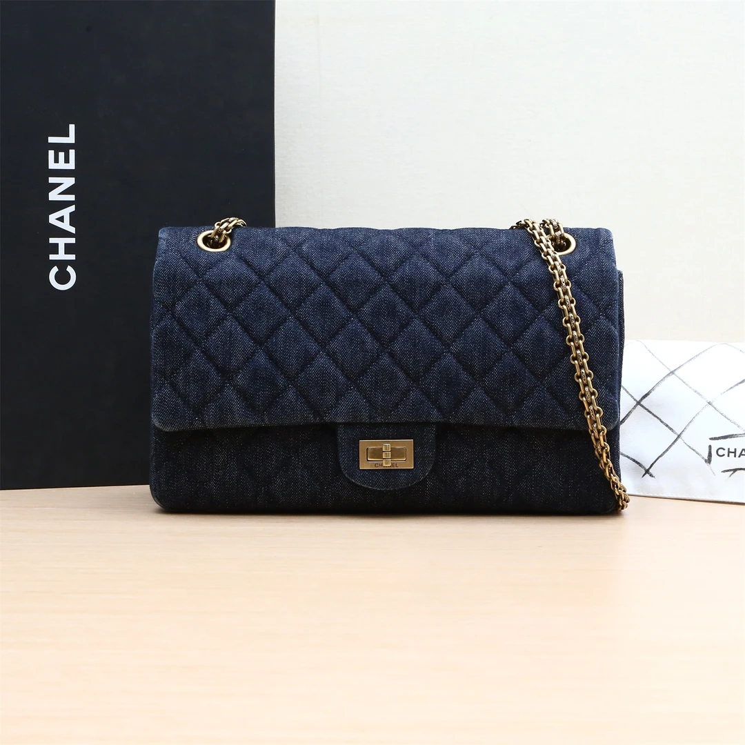95新 Chanel/香奈儿 【小花Han】2.55 口盖包 大号蓝色 牛仔 22开包