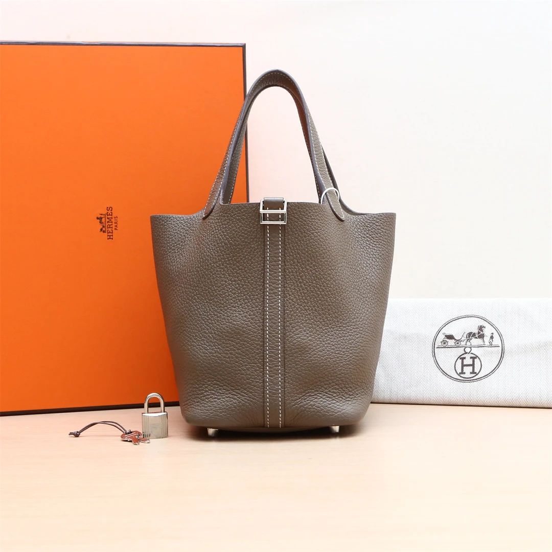 99新 Hermes/爱马仕 小花6枫菜篮子 18大象灰 TC皮 U刻 银扣