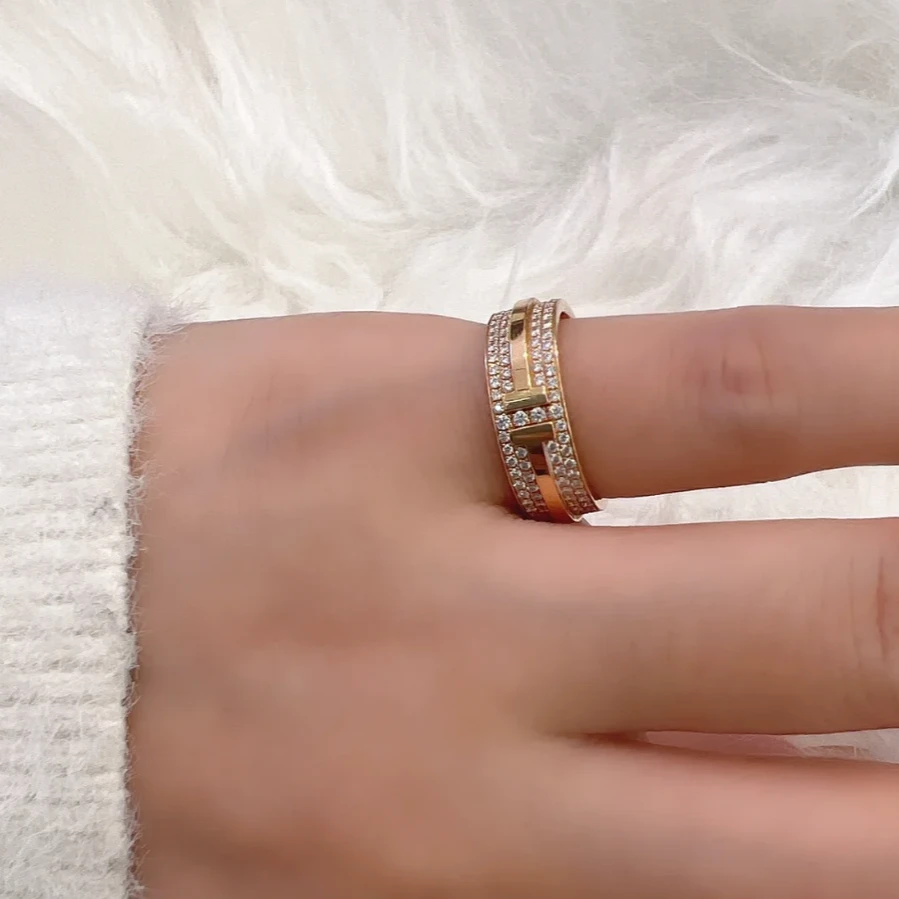99新 Tiffany & Co./蒂芙尼 欢欢外场 t型满钻宽版戒指 52
